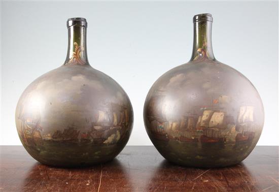 Naval Interest: A large pair of Dutch oil painted glass bottles, 30.5cm